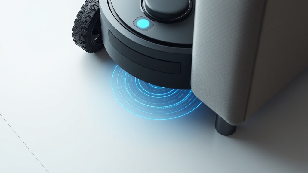 낮은 소파 밑으로 진입하려다 상단의 LDS 센서가 걸려 멈춰 서 있는 로봇청소기의 모습