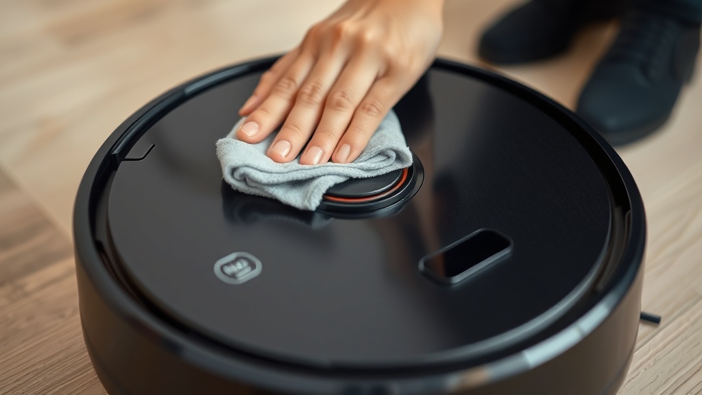사용자가 로봇청소기 전면의 장애물 감지 센서를 부드러운 천으로 닦으며 관리하는 모습